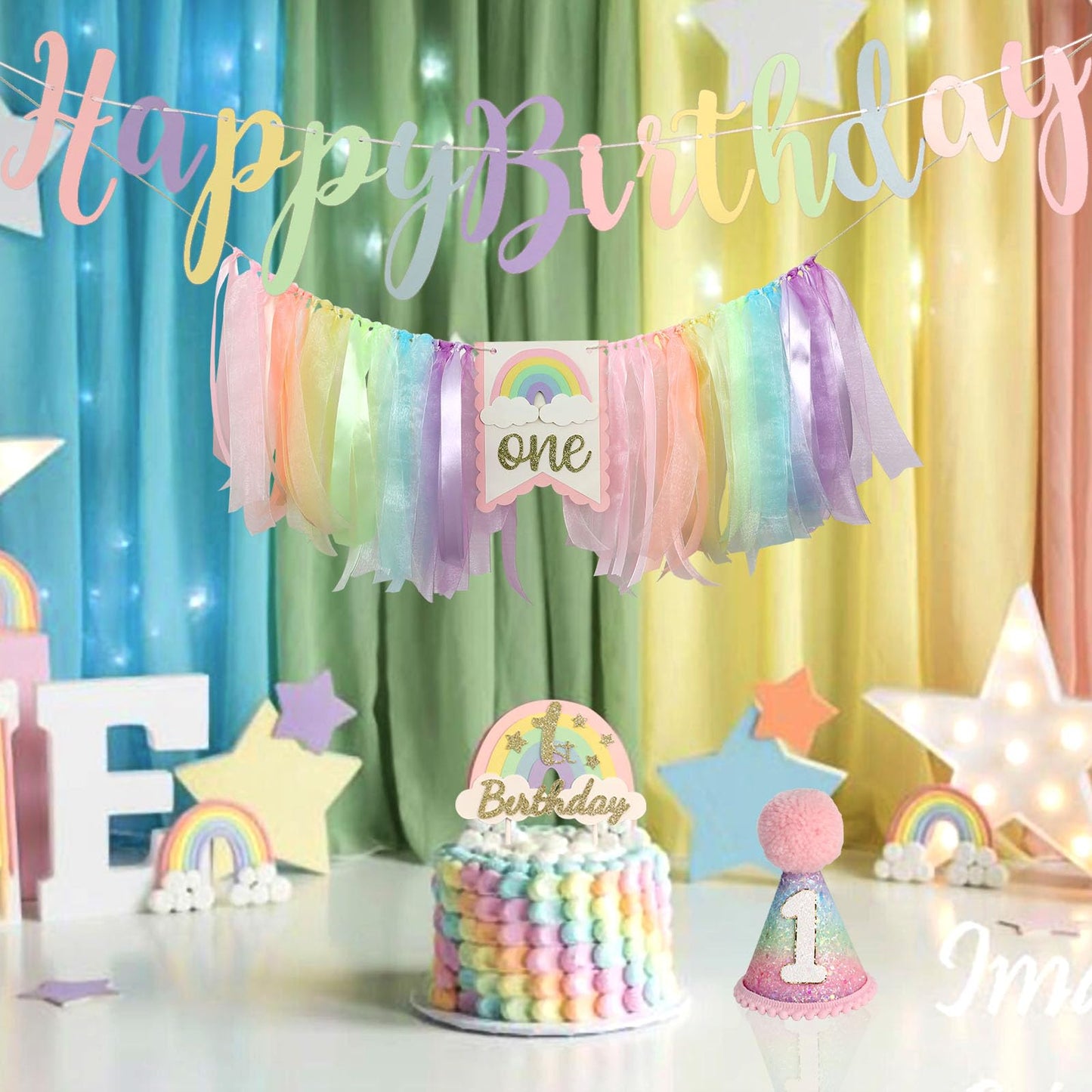 Jungle Theme Birthday Banner Set – Rainbow Highchair Garland, Crown Hat & Cake Topper | Colorful First Birthday Party Decoration for Baby Girls