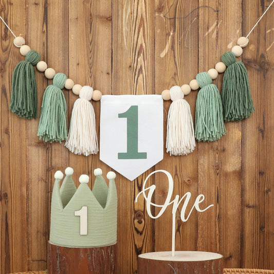 Jungle Theme Birthday Banner Set – Green Highchair Garland, Crown Hat & Cake Topper | First Birthday Party Decoration for Baby Boys or Girls