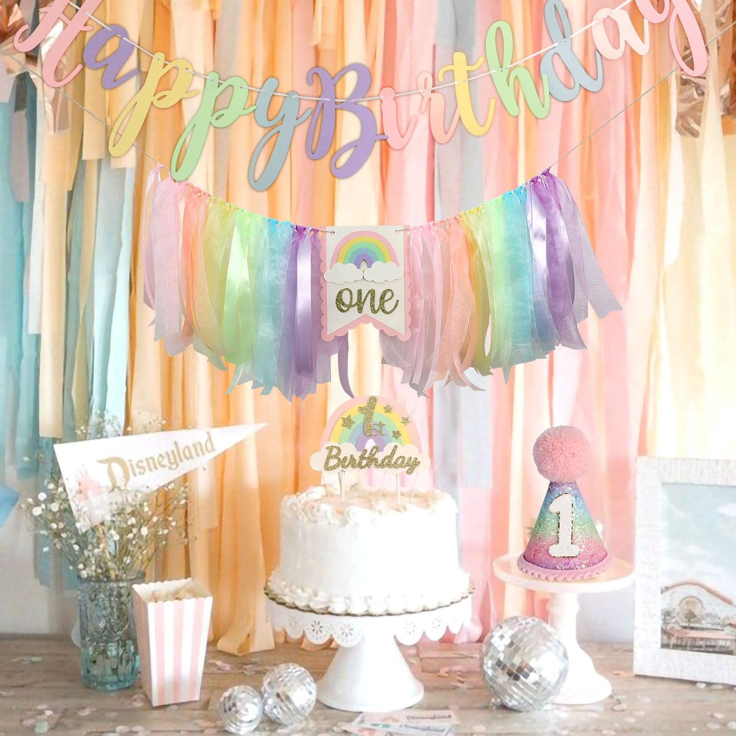 Jungle Theme Birthday Banner Set – Rainbow Highchair Garland, Crown Hat & Cake Topper | Colorful First Birthday Party Decoration for Baby Girls