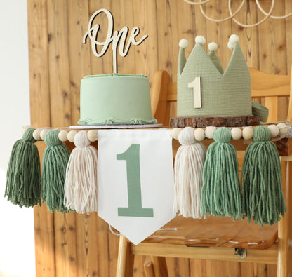Jungle Theme Birthday Banner Set – Green Highchair Garland, Crown Hat & Cake Topper | First Birthday Party Decoration for Baby Boys or Girls