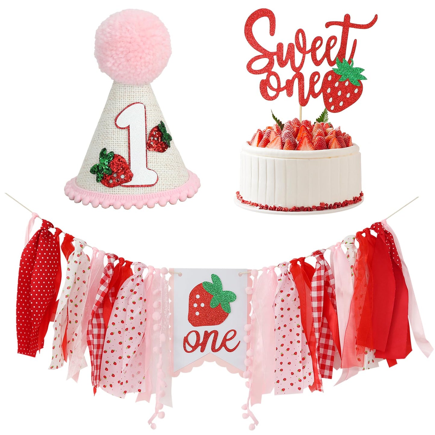 Jungle Theme Birthday Banner Set – Pink and Red Highchair Garland, Crown Hat & Cake Topper | First Birthday Party Decoration for Baby Girls
