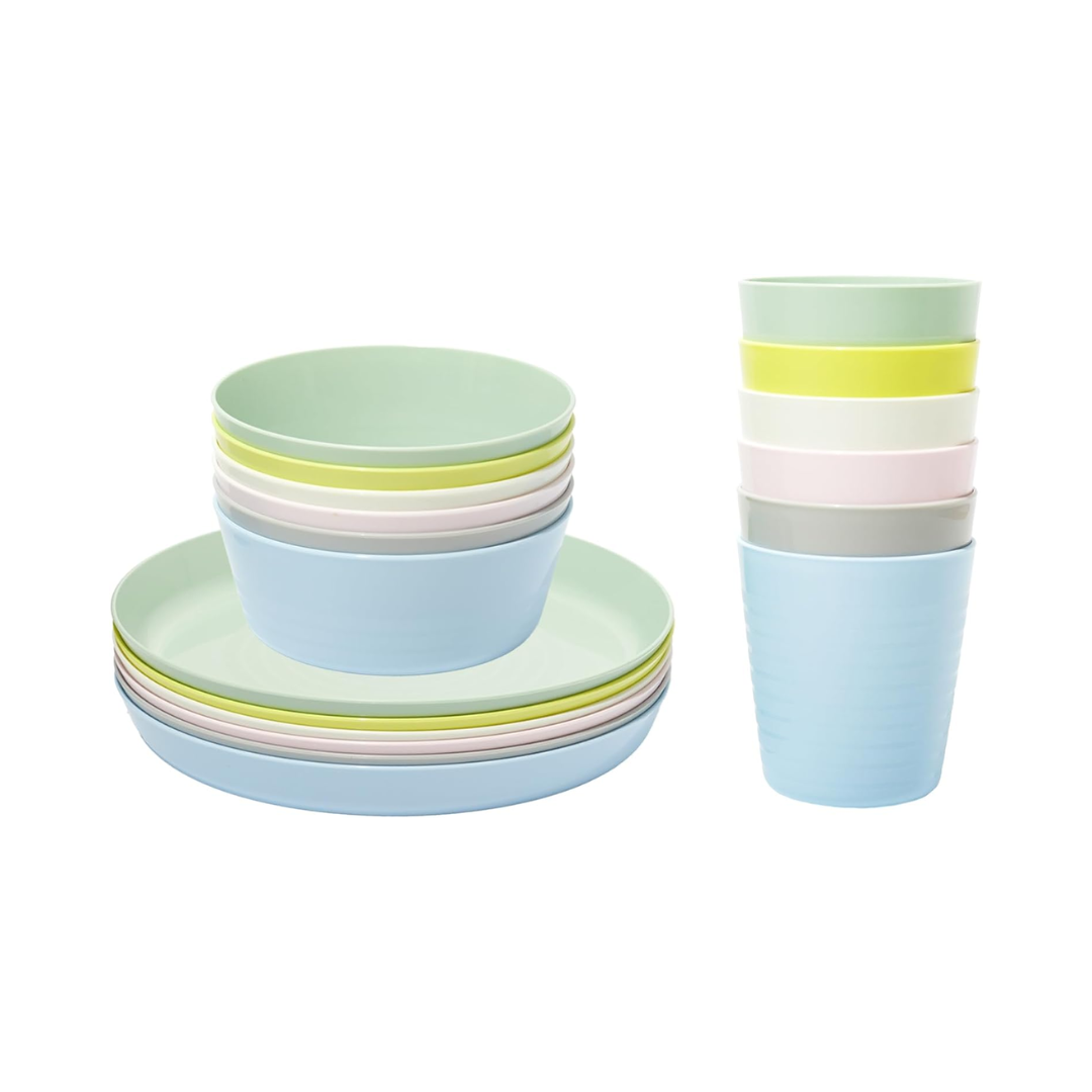 Kids Plastic Dinnerware Set for 6 – BPA-Free Plates, Bowls, Cups & Utensils – Colorful Toddler Dish Set – Dishwasher Safe